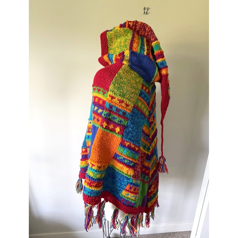 Colorful Heavy Knit Patchwork Hooded Poncho 100% Wool Fringe OS Boho Festival